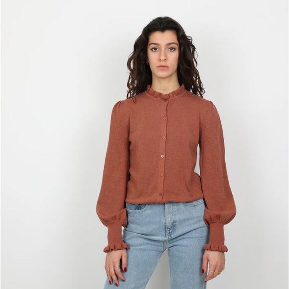 WYSE 5 Size 12 US Selena Rust Orange Shimmer Ruffle Neck Sleeve Button Front Dow - Picture 2 of 7